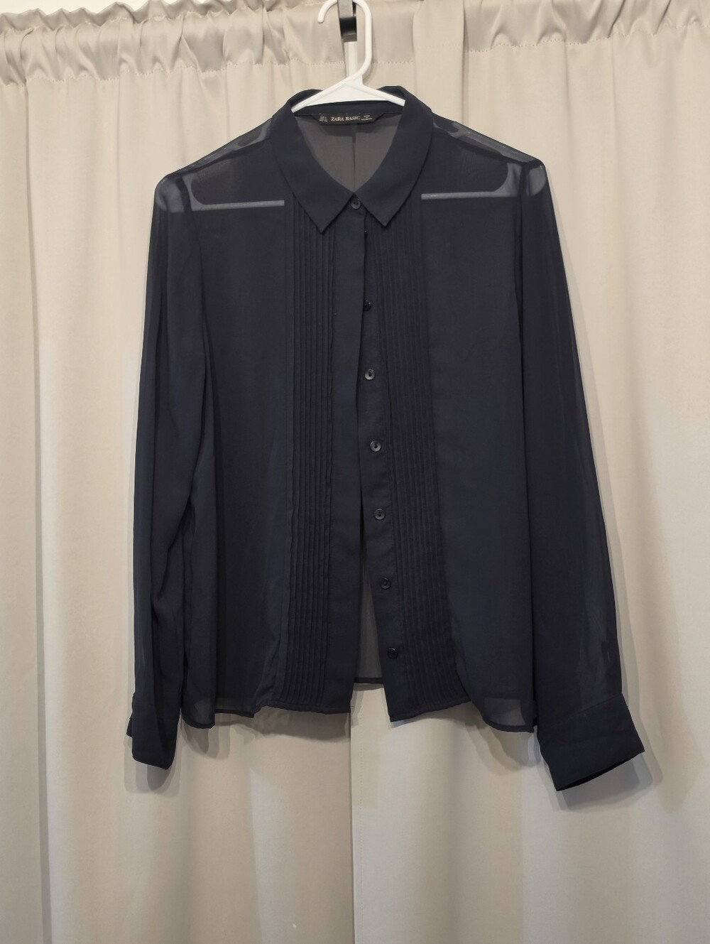 Zara Basic Navy Sheer Chiffon Blouse Size L Worn Once